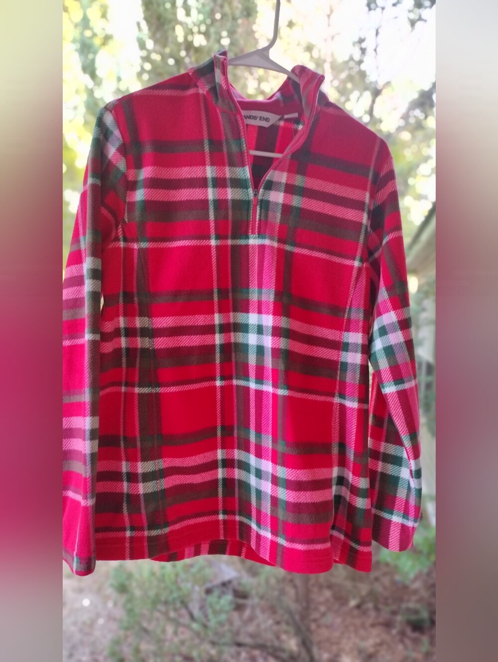 Lands' End Red Plaid Quarter-Zip Fleece Pullover